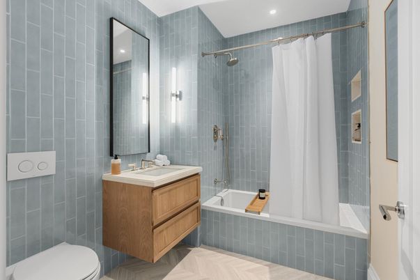 Bathroom, Interior, Recessed Lighting, Wood Texture Flooring