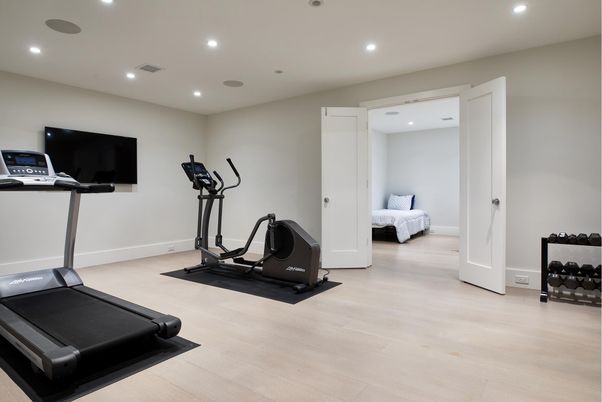 Bedroom, Fitness Equipment, Interior, Recessed Lighting, Wood Texture Flooring