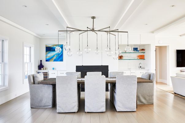 Dining room, Interior, Pendant Lights, Recessed Lighting, Wood Texture Flooring