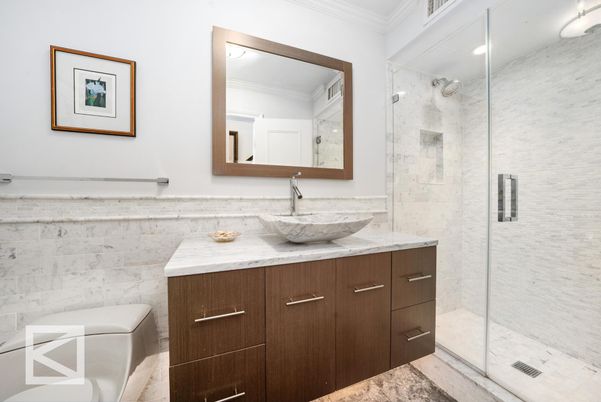 Bathroom, Glass Shower, Interior, Marble Walls, Recessed Lighting