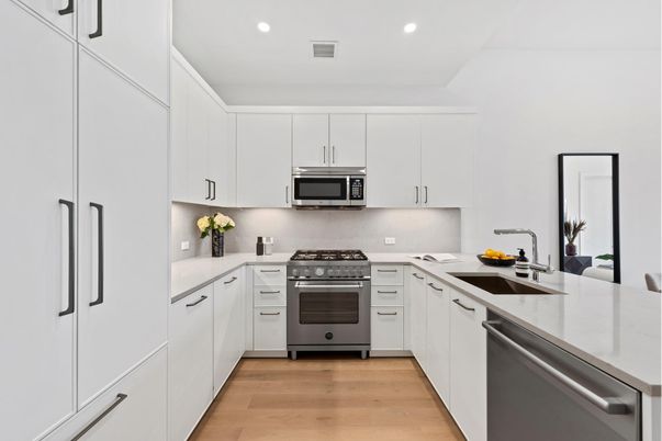 Interior, Kitchen, Recessed Lighting, Stainless Steel Appliances, Wood Texture Flooring