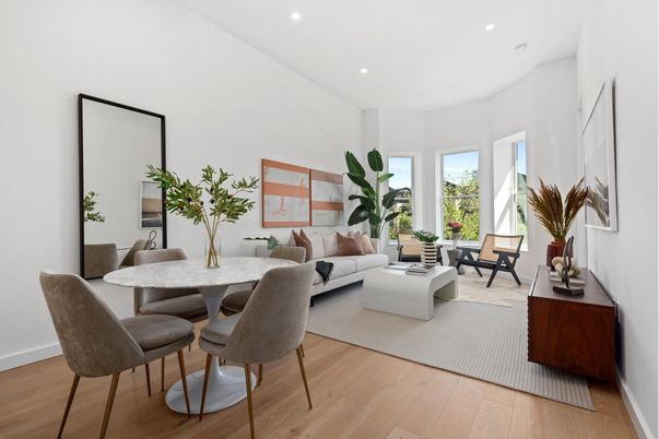 Dining room, Interior, Living room, Recessed Lighting, Wood Texture Flooring