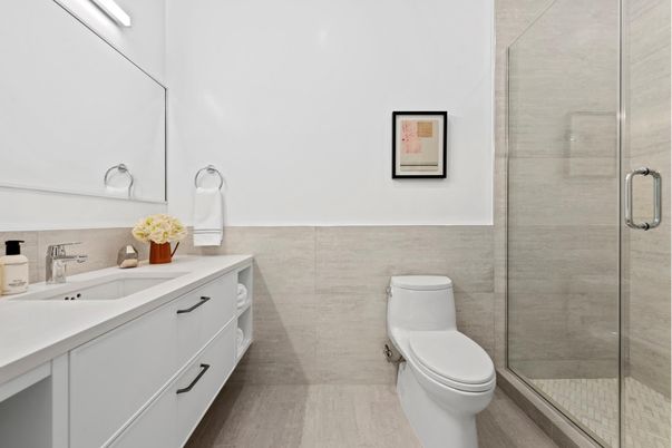 Bathroom, Glass Shower, Interior, Wood Texture Flooring