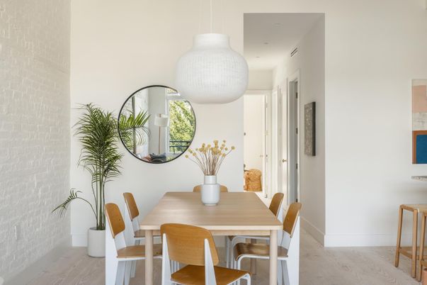Dining room, Interior, Pendant Lights, Wood Texture Flooring