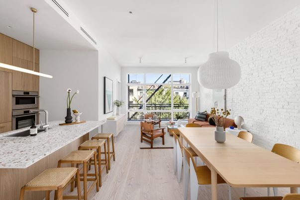 Dining room, Interior, Kitchen, Living room, Pendant Lights, Stainless Steel Appliances, Wood Texture Flooring