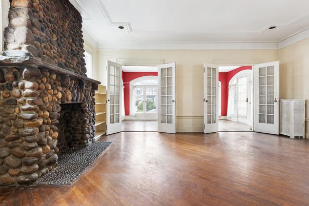 Empty room, Fireplace, Interior, Recessed Lighting, Wood Texture Flooring