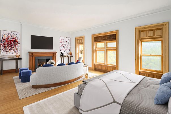 Bedroom, Fireplace, Interior, Wood Texture Flooring