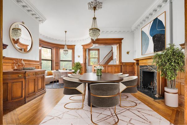 Dining room, Fireplace, Interior, Living room, Pendant Lights, Wood Texture Flooring