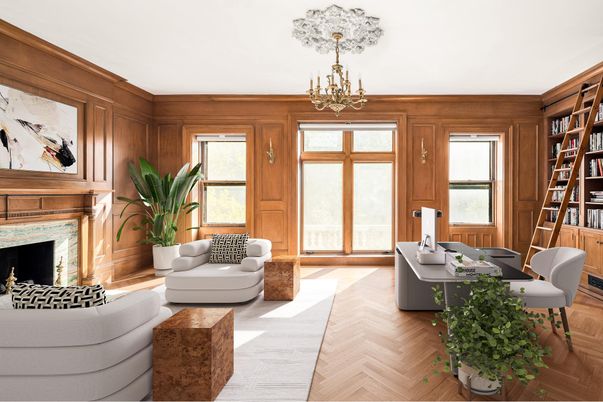 Chandelier, Fireplace, Home Office, Interior, Wood Texture Flooring, Wooden Walls