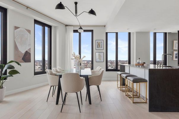 Dining room, Interior, Pendant Lights, Wood Texture Flooring