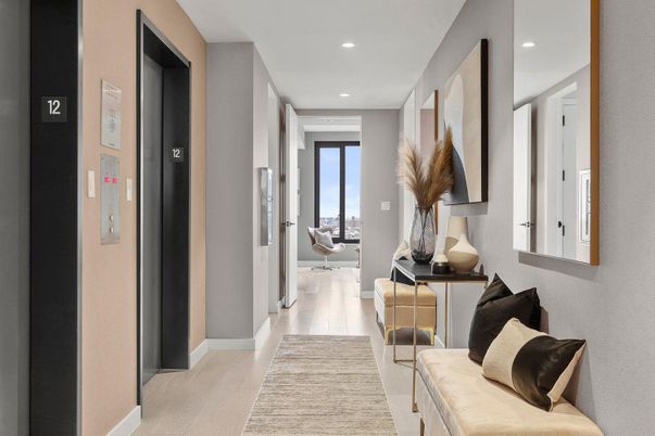 Elevator, Interior, Recessed Lighting, Wood Texture Flooring