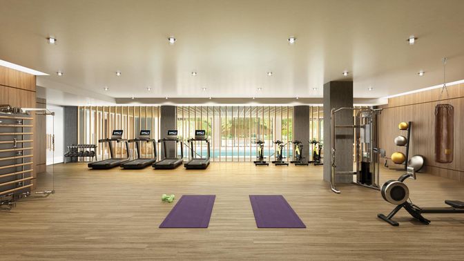 Fitness Equipment, Interior, Recessed Lighting, Wood Texture Flooring