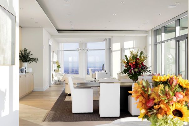 Dining room, Interior, Pendant Lights, Recessed Lighting, Water, Wood Texture Flooring