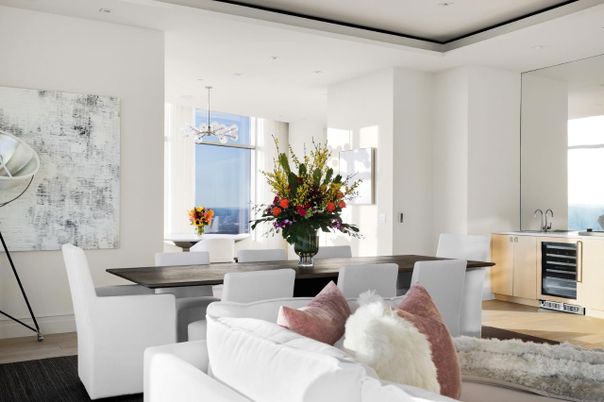Chandelier, Dining room, Interior, Living room, Recessed Lighting, Wood Texture Flooring