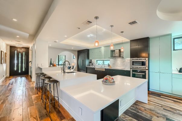 Interior, Kitchen, Pendant Lights, Recessed Lighting, Stainless Steel Appliances, Wood Texture Flooring