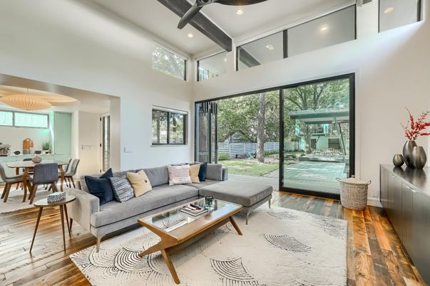 Dining room, Interior, Living room, Recessed Lighting, Wood Texture Flooring