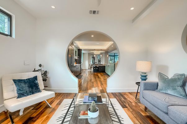 Interior, Kitchen, Living room, Recessed Lighting, Wood Texture Flooring