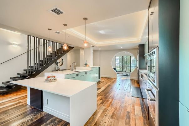 Interior, Kitchen, Pendant Lights, Recessed Lighting, Wood Texture Flooring