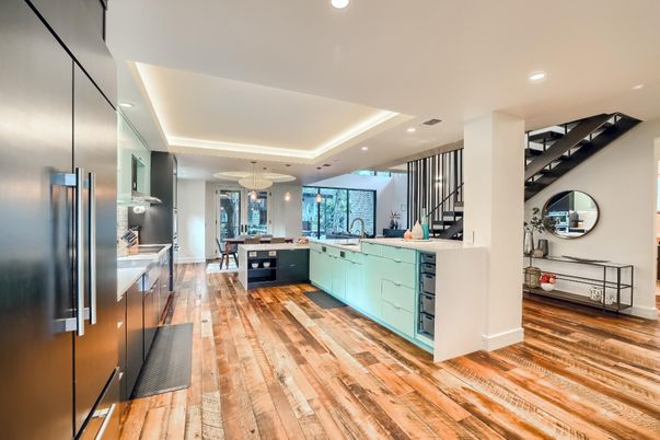 Dining room, Interior, Kitchen, Pendant Lights, Recessed Lighting, Stainless Steel Appliances, Wood Texture Flooring