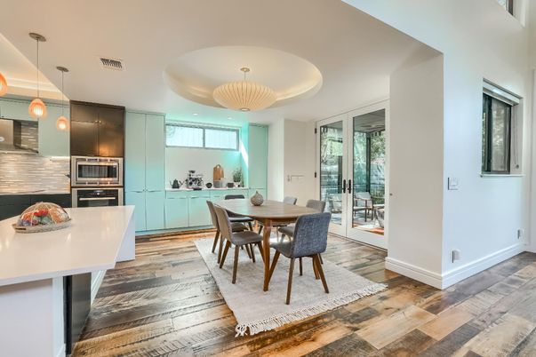 Dining room, Interior, Kitchen, Pendant Lights, Recessed Lighting, Stainless Steel Appliances, Wood Texture Flooring