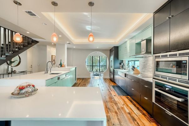 Interior, Kitchen, Pendant Lights, Recessed Lighting, Stainless Steel Appliances, Wood Texture Flooring