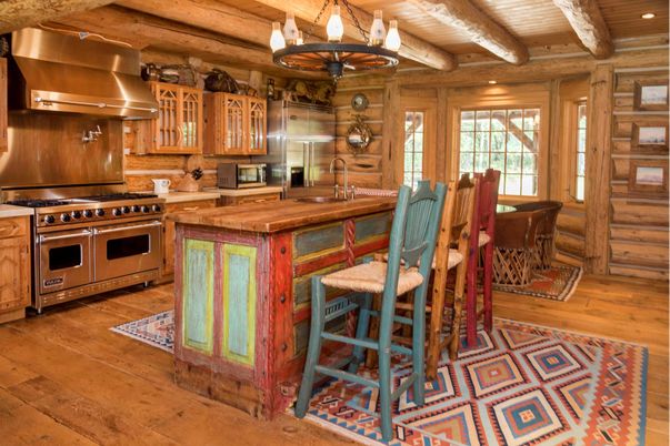 Chandelier, Interior, Kitchen, Recessed Lighting, Stainless Steel Appliances, Wooden Beams, Wooden Ceilings, Wood Texture Flooring, Wooden Walls