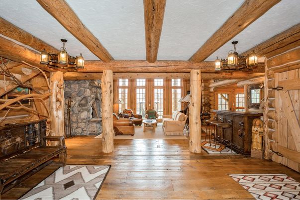 Chandelier, Fireplace, Interior, Living room, Stone Walls, Wooden Beams, Wood Texture Flooring, Wooden Walls