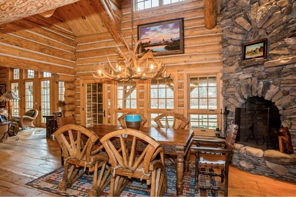 Chandelier, Dining room, Fireplace, Interior, Stone Walls, Wooden Beams, Wooden Ceilings, Wood Texture Flooring, Wooden Walls