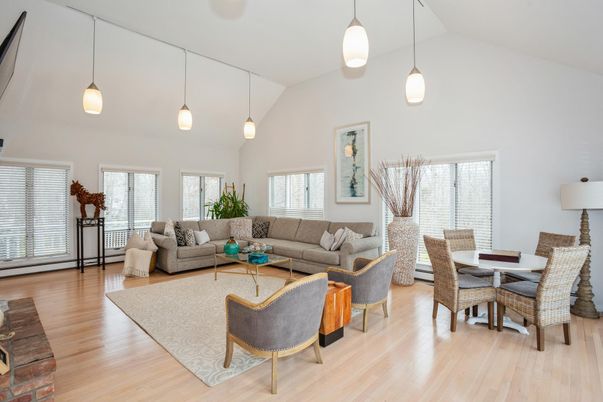 Dining room, Interior, Living room, Pendant Lights, Wood Texture Flooring