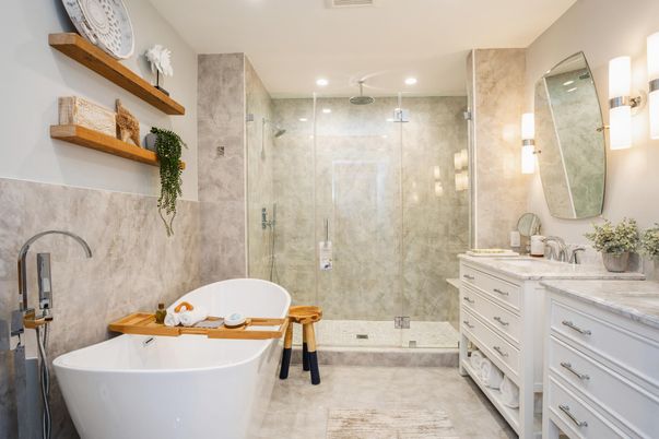 Bathroom, Dual Sink Vanities, Free Standing Baths, Glass Shower, Interior, Recessed Lighting