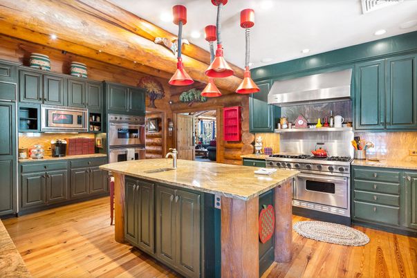 Interior, Kitchen, Pendant Lights, Recessed Lighting, Stainless Steel Appliances, Wooden Beams, Wooden Ceilings, Wood Texture Flooring