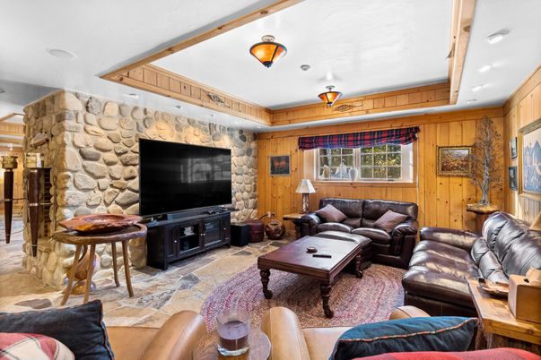 Interior, Living room, Recessed Lighting, Stone Walls, Wooden Walls