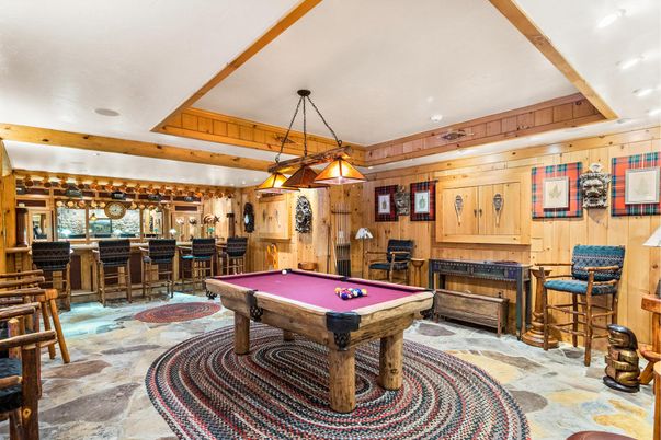 Billiard Table, Game Room, Interior, Pendant Lights, Recessed Lighting, Wooden Beams, Wooden Walls