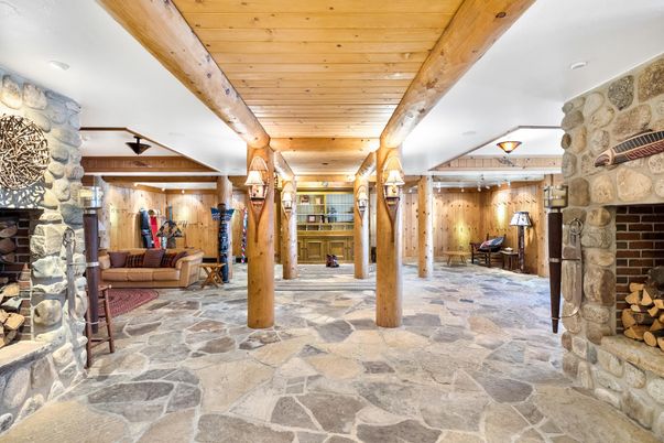 Fireplace, Interior, Recessed Lighting, Stone Walls, Wooden Beams, Wooden Ceilings