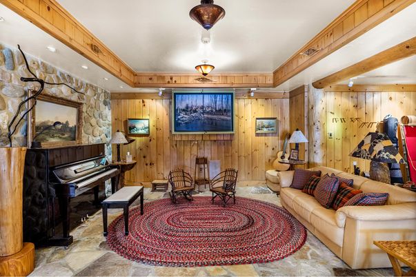 Interior, Living room, Piano, Recessed Lighting, Stone Walls, Wooden Beams, Wooden Walls