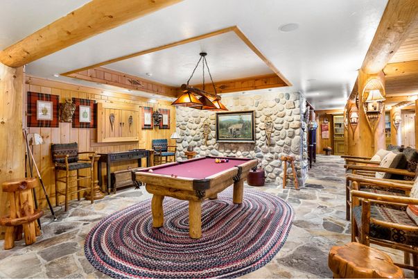 Billiard Table, Game Room, Interior, Pendant Lights, Stone Walls, Wooden Beams, Wooden Walls