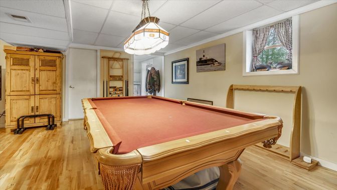 Billiard Table, Game Room, Interior, Pendant Lights, Wood Texture Flooring