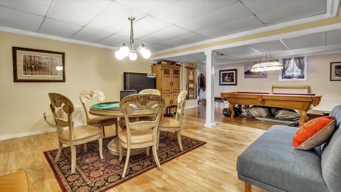 Billiard Table, Dining room, Game Room, Interior, Pendant Lights, Wood Texture Flooring