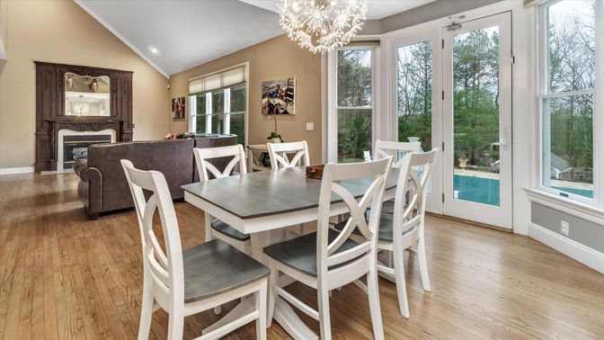 Chandelier, Dining room, Interior, Recessed Lighting, Wood Texture Flooring