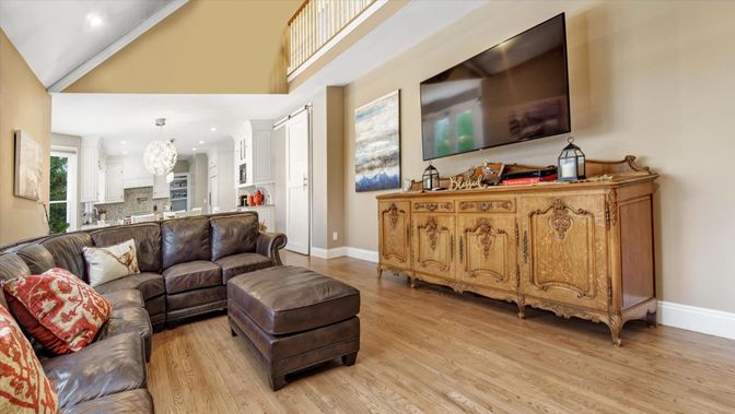 Chandelier, Interior, Kitchen, Living room, Recessed Lighting, Wood Texture Flooring