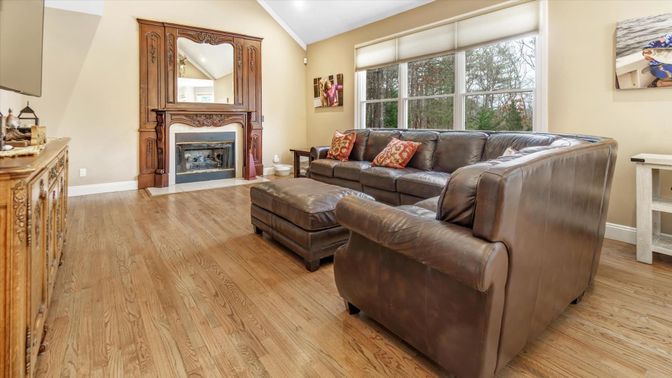 Fireplace, Interior, Living room, Recessed Lighting, Wood Texture Flooring