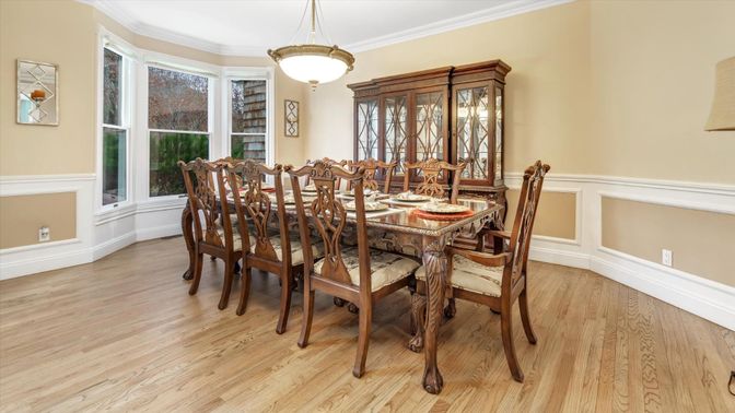 Dining room, Interior, Pendant Lights, Wood Texture Flooring