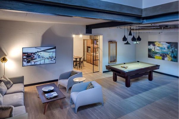 Billiard Table, Game Room, Interior, Living room, Pendant Lights, Wood Texture Flooring