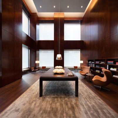 Interior, Living room, Pendant Lights, Recessed Lighting, Wood Texture Flooring, Wooden Walls