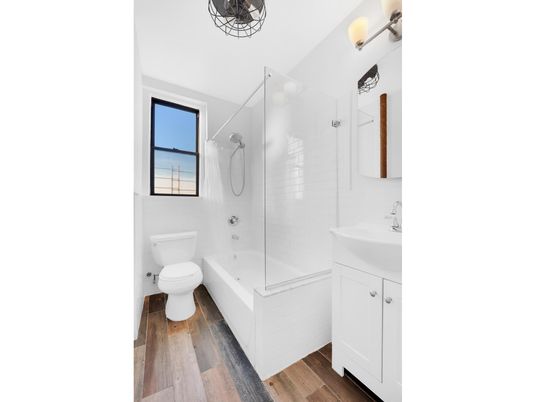 Bathroom, Glass Shower, Interior, Wood Texture Flooring