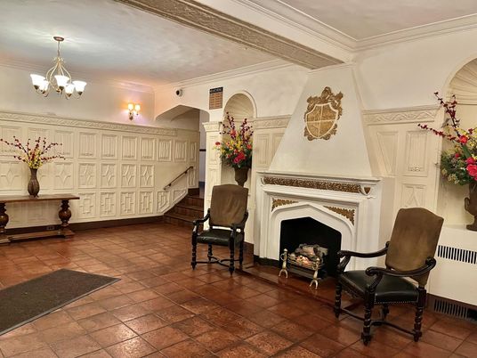 Chandelier, Fireplace, Interior