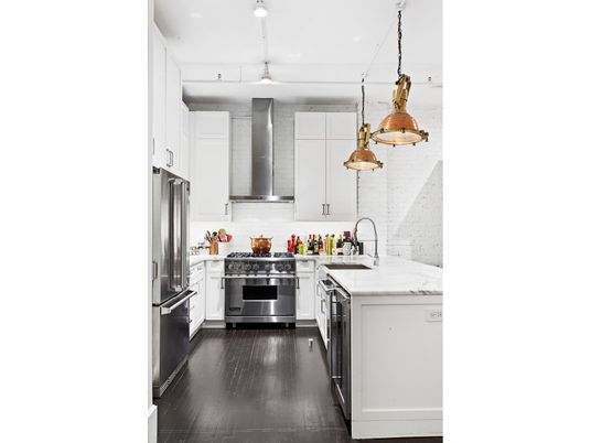 Interior, Kitchen, Pendant Lights, Stainless Steel Appliances, Wood Texture Flooring