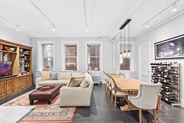 Dining room, Interior, Living room, Pendant Lights, Wine Storage, Wood Texture Flooring