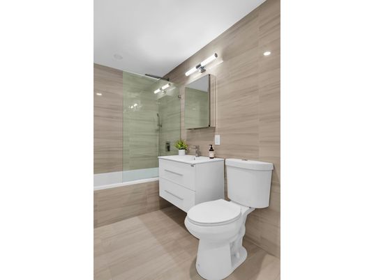 Bathroom, Glass Shower, Interior, Recessed Lighting, Wood Texture Flooring