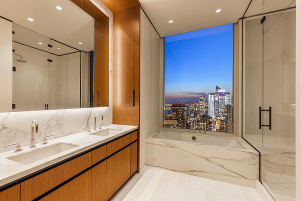 Bathroom, Dual Sink Vanities, Glass Shower, Interior, Marble Walls, Recessed Lighting